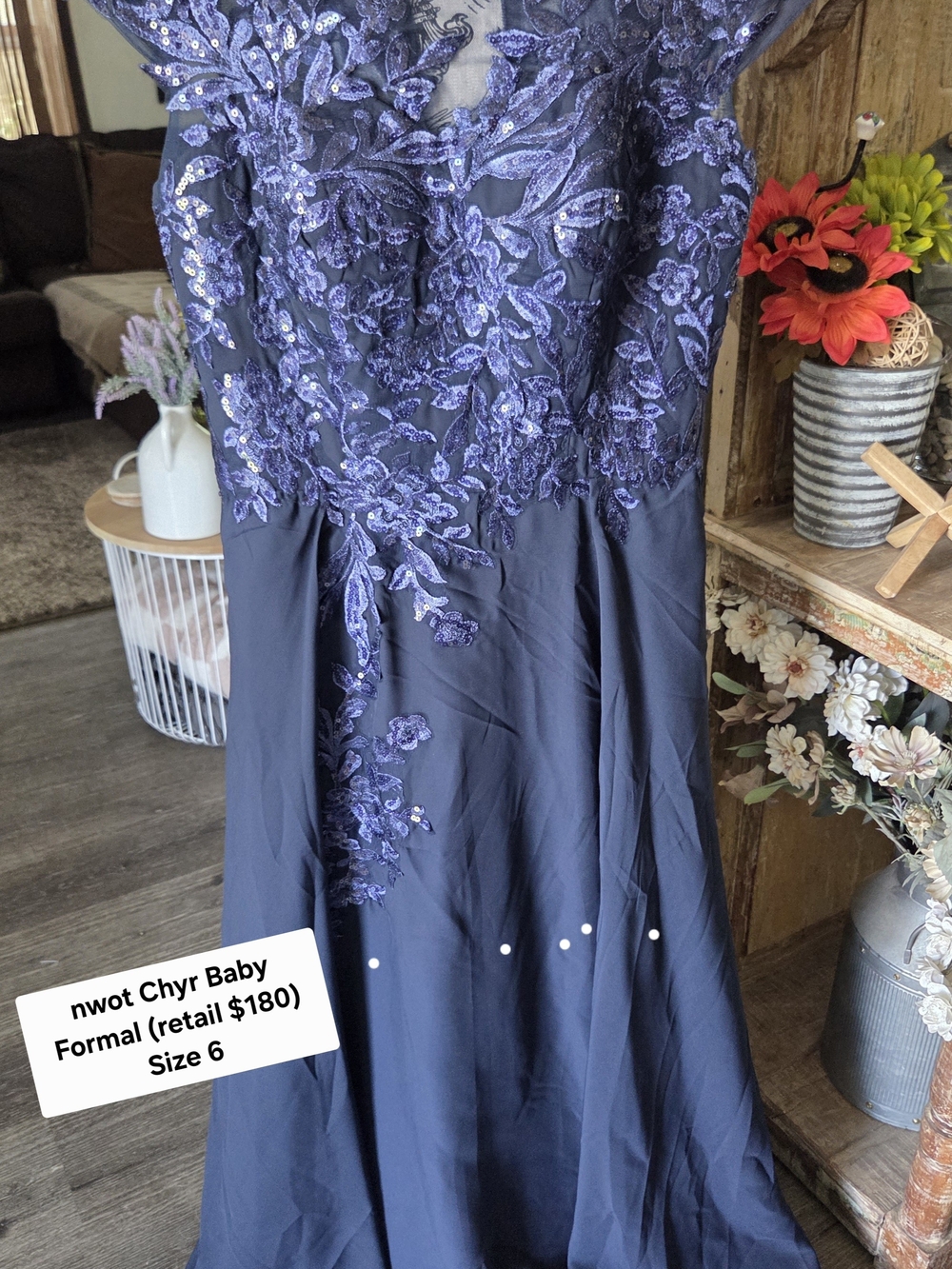 Navy Sequin Lace Prom Dress - Size 6